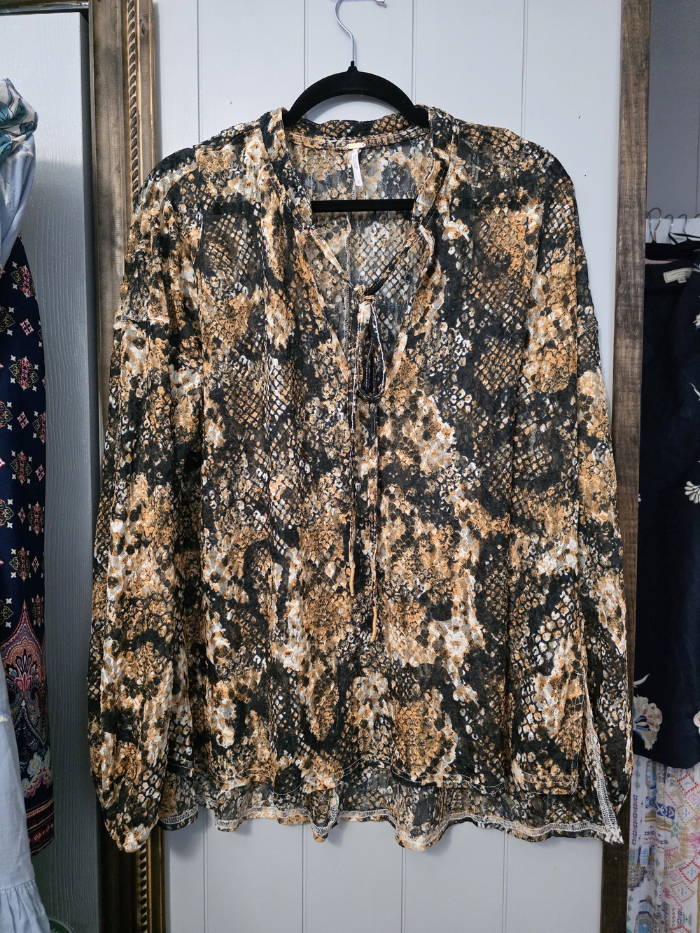 Free People Snake-Print Tie-Neck Blouse in Black & Tan